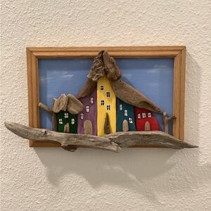 Driftwood Art, Framed Driftwood Painted Houses, Driftwood Beach Art